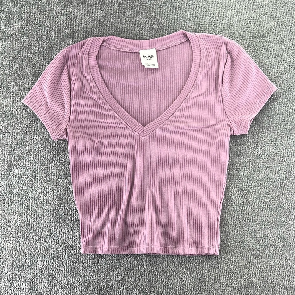 Destined Short Sleeve Shirt Top Ribbed Cropped Purple Pink Womens XS